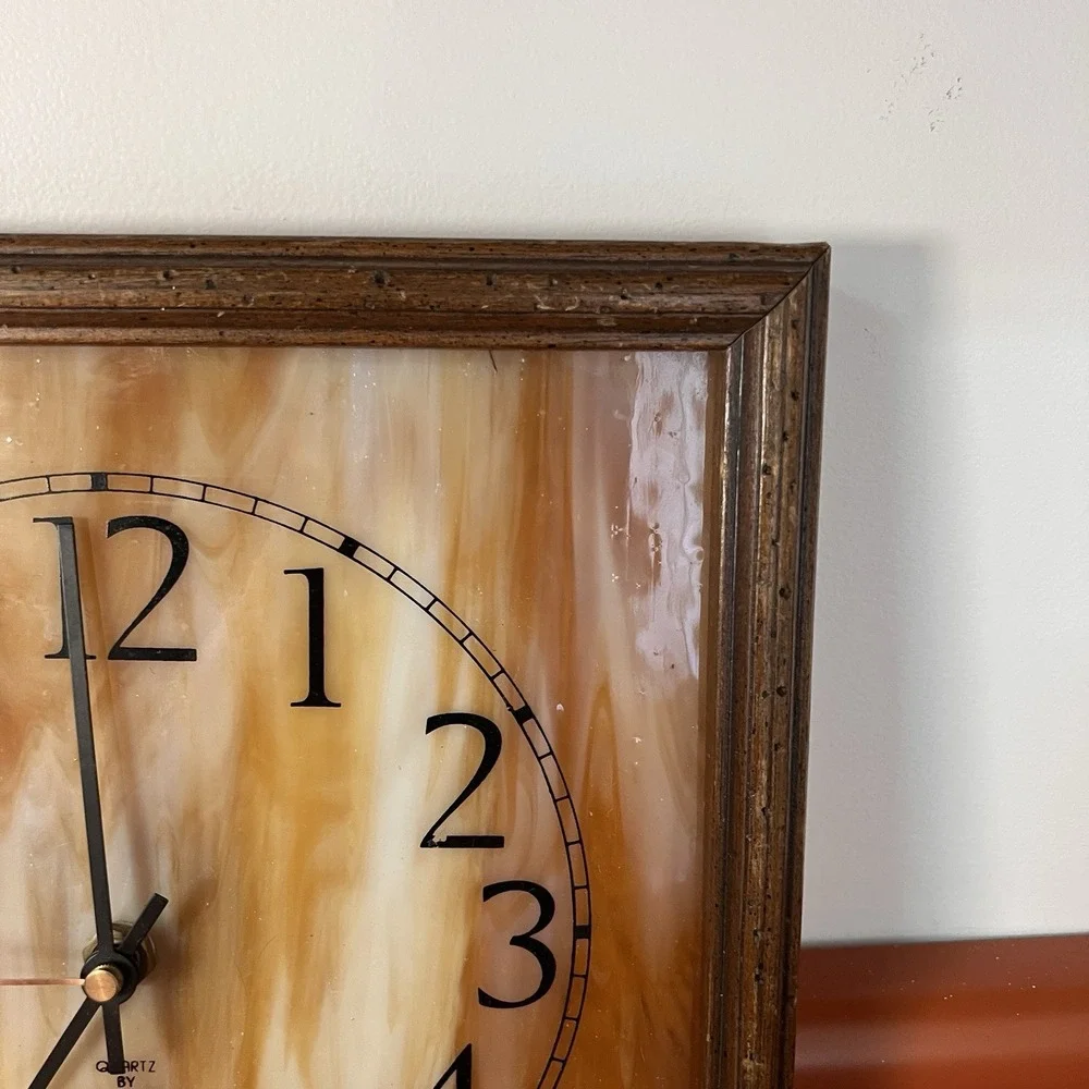 VNTG Mr. Mirror Slag Glass Mid Century‎ Square Wall Clock MCM Wood Frame Works